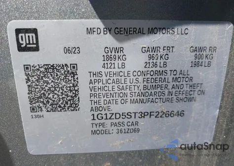 2023 Chevrolet Malibu Fwd 1Lt z USA, uszkodzony, nr VIN 1G1ZD5ST3PF226646